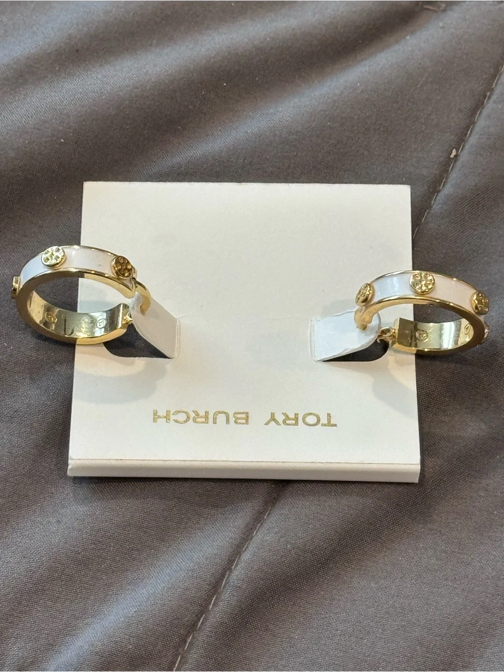 Tory Burch Gold and White Enamel Logo Accent Hoop Earrings